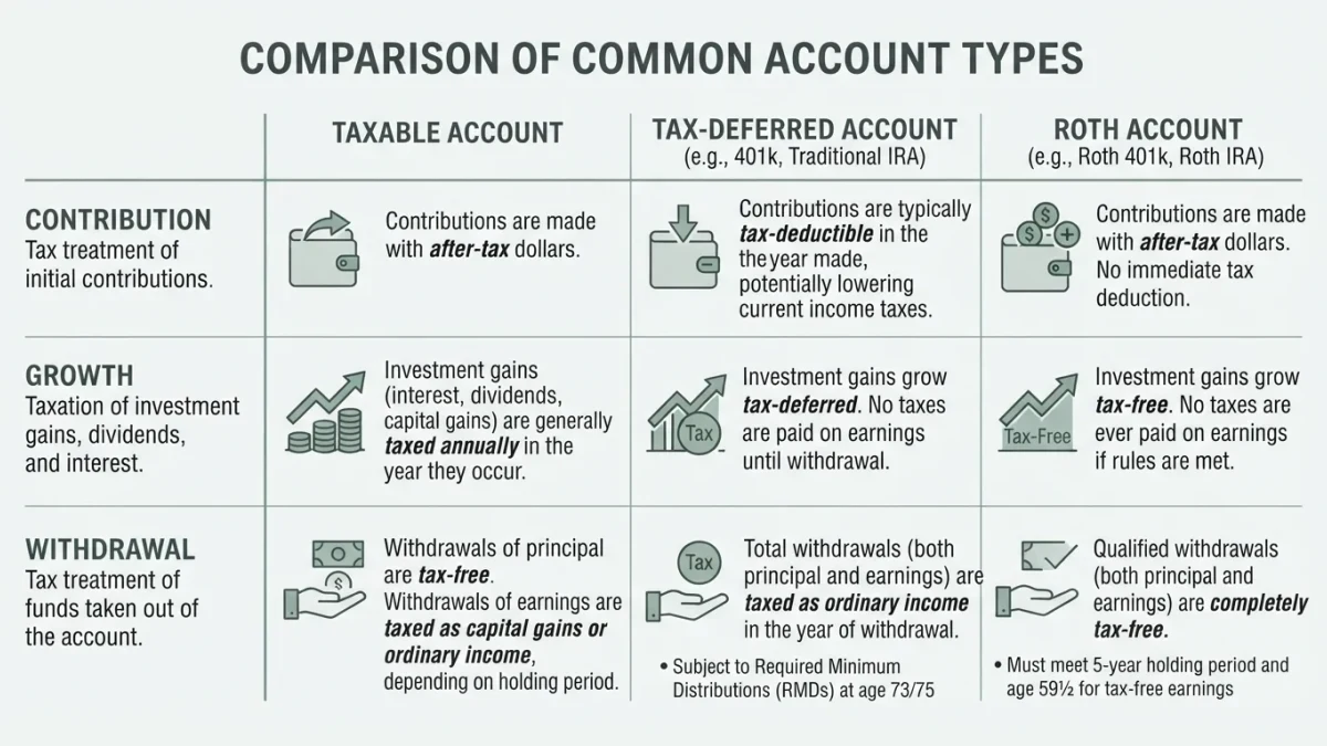 Infographic grid comparing tax treatment of taxable, tax-deferred, and Roth accounts