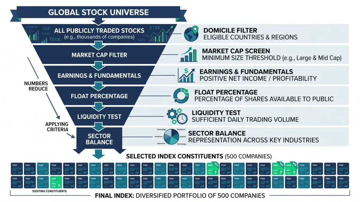 Infographic of index inclusion funnel from universe to 500 members