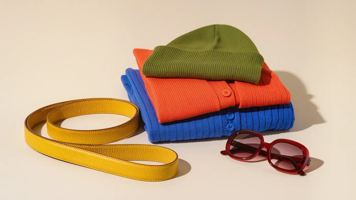 Studio close-up of saturated color-blocked knitwear and accessories stacked in bold clashing shades