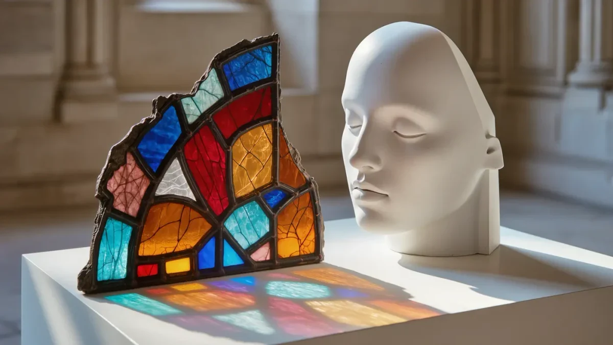 Detail of stained glass window beside a contemporary sculpture installation