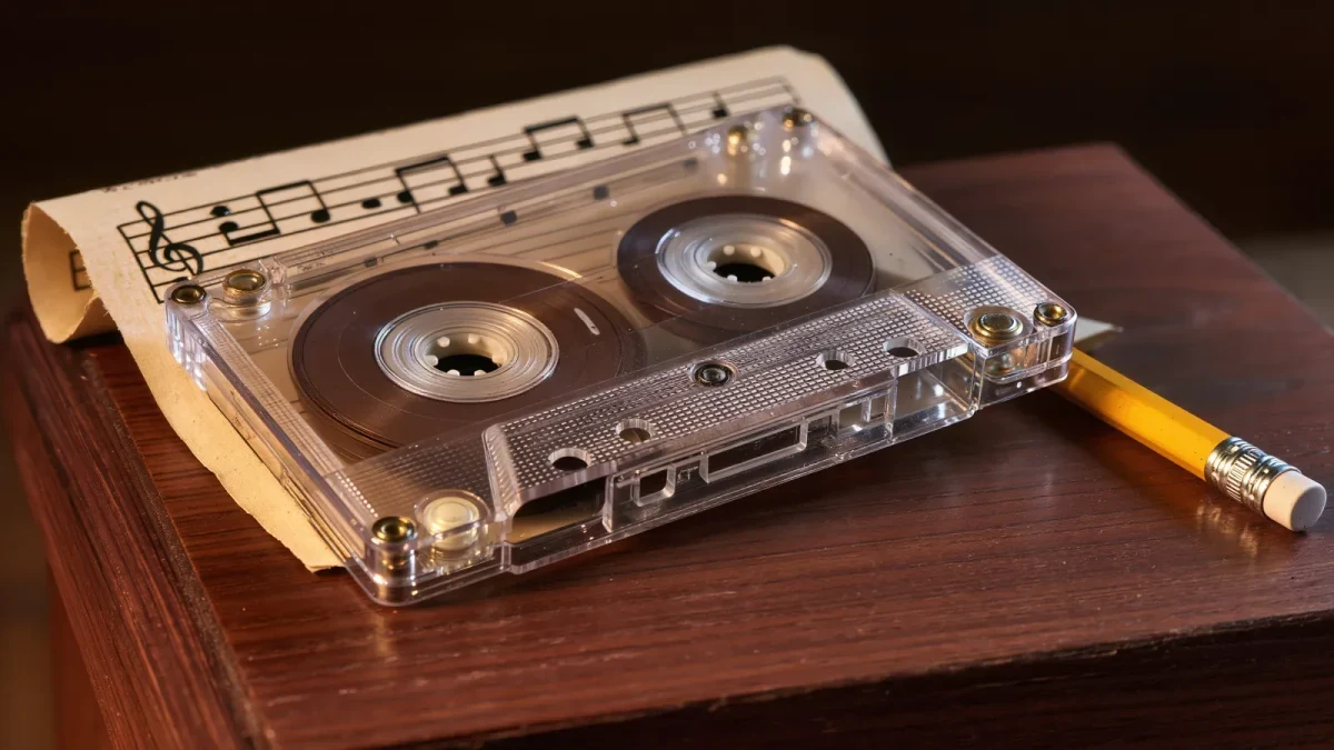 Close-up of a well-worn cassette single in a studio