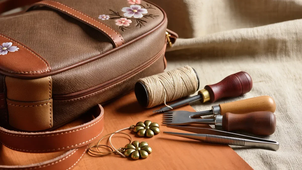 Photorealistic studio close-up of a craftsman's workbench with an owned coated-canvas handbag being customized with hand-painted motifs, needle, thread and brass charms