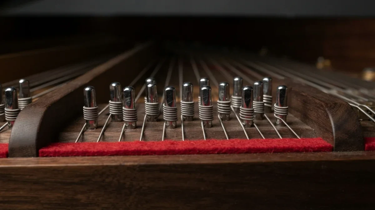 Macro view of parallel piano strings and chrome tuning pins set at equal tension