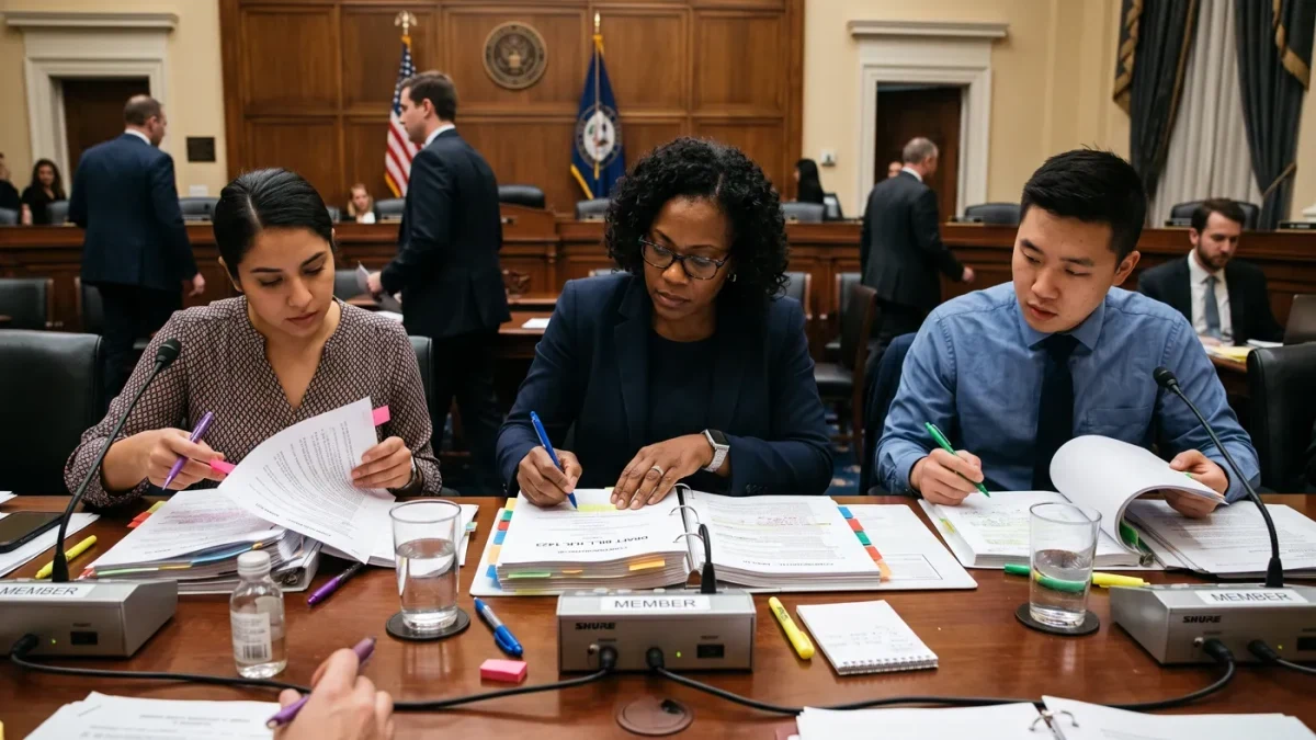 Legislative staff marking up a trade bill in a Capitol meeting room