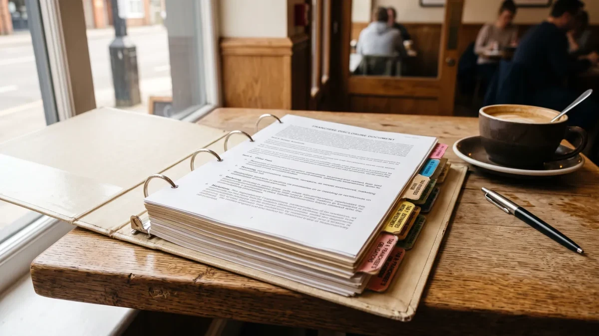 Close-up of a franchise disclosure document with tabbed sections