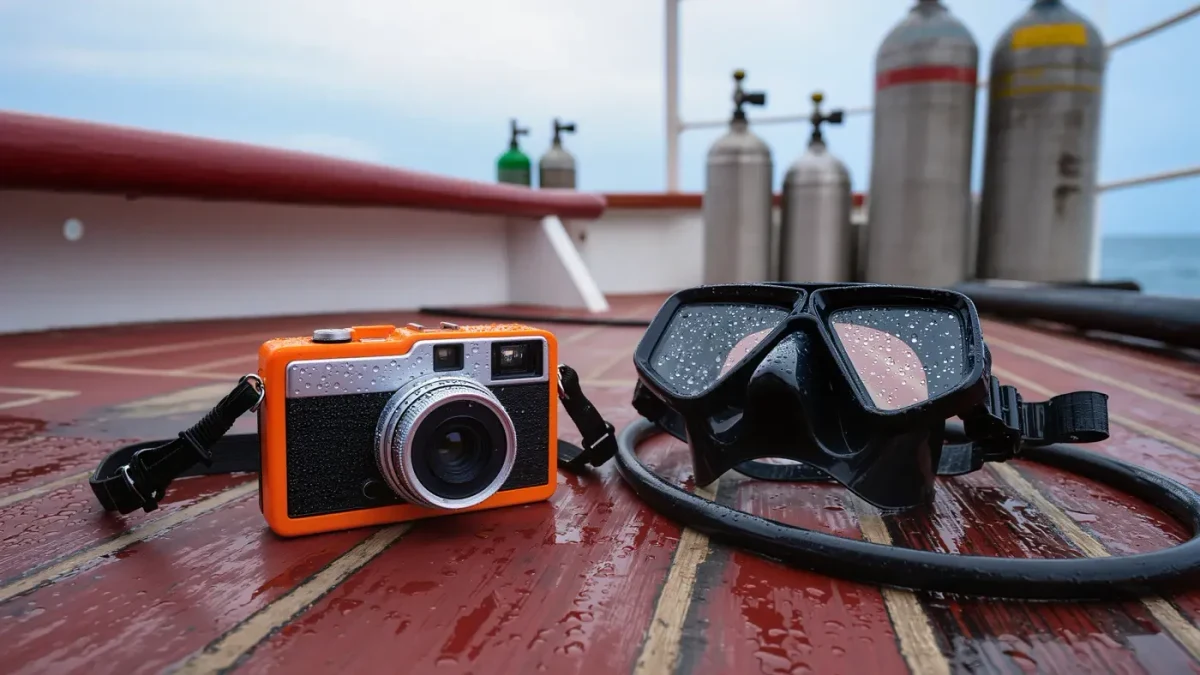Underwater film camera resting on a dive boat deck beside a mask