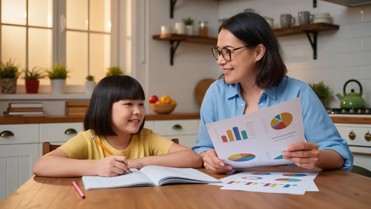 Parent reviewing printed school performance data at a kitchen table