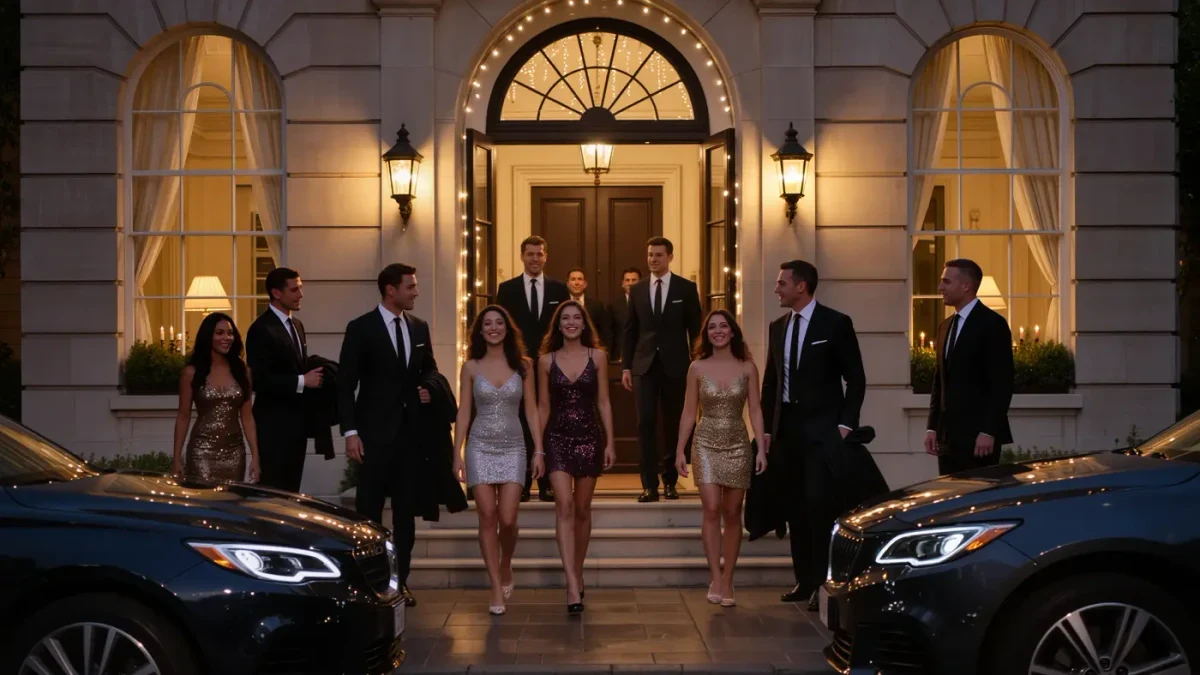 Guests arriving at a candlelit after-party in short evening dresses