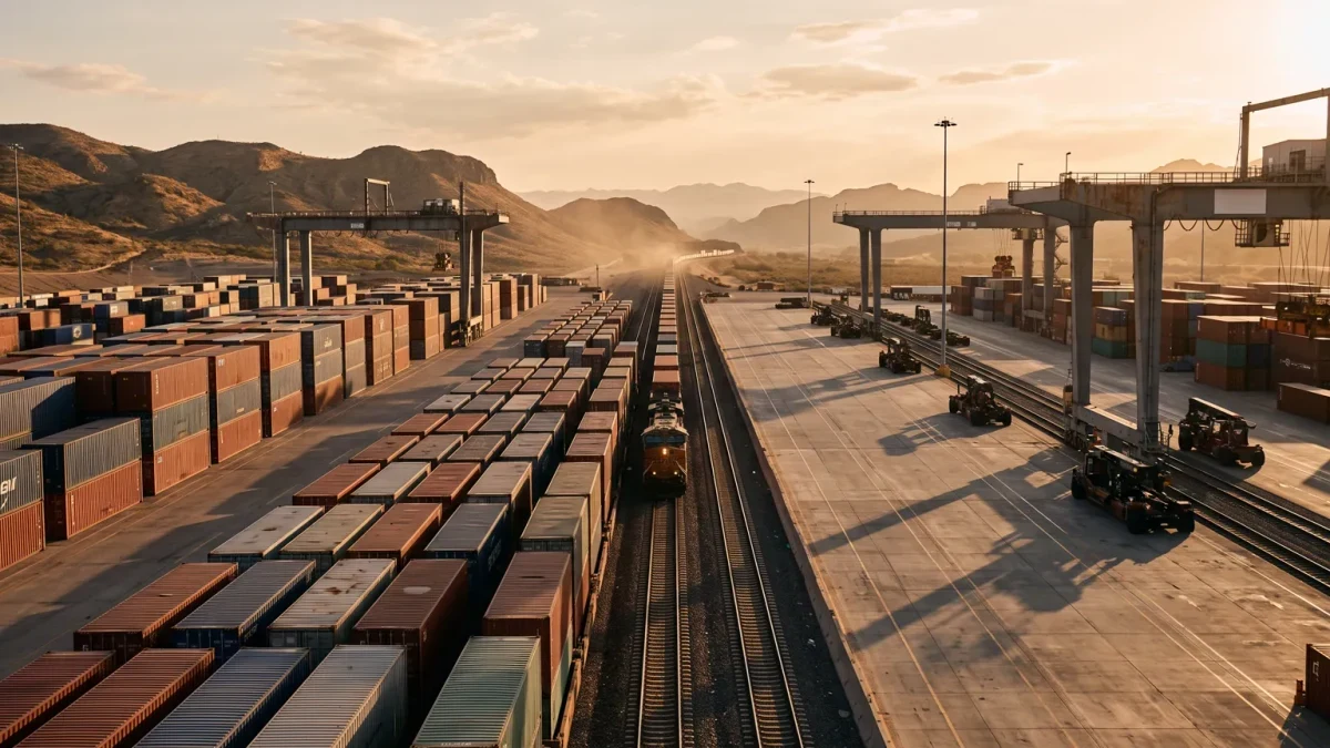 Container gantry cranes at a rail-port terminal under late sun