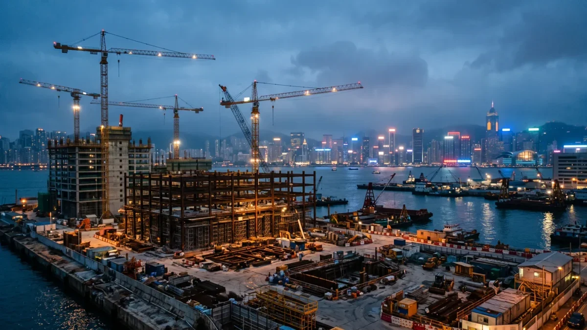 Waterfront construction site with tower cranes at dusk, no people