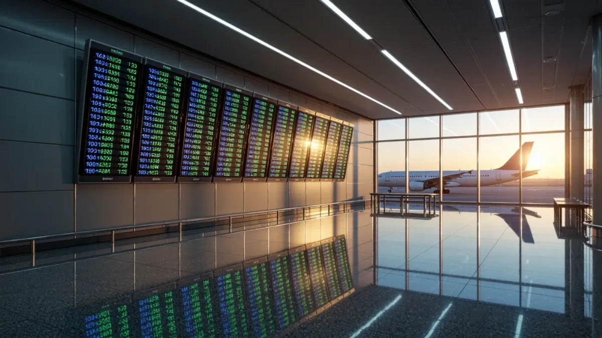 Airport currency exchange board with rows of rates in an empty terminal