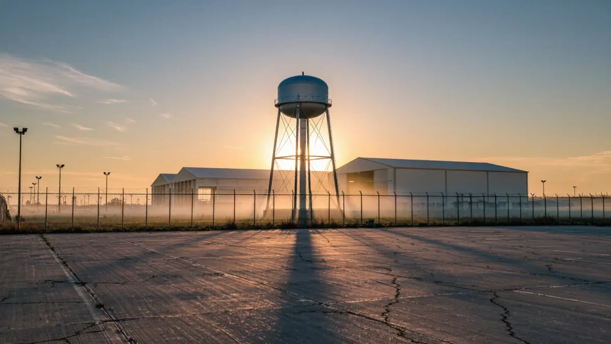Studio water tower above empty lot at dawn, no people