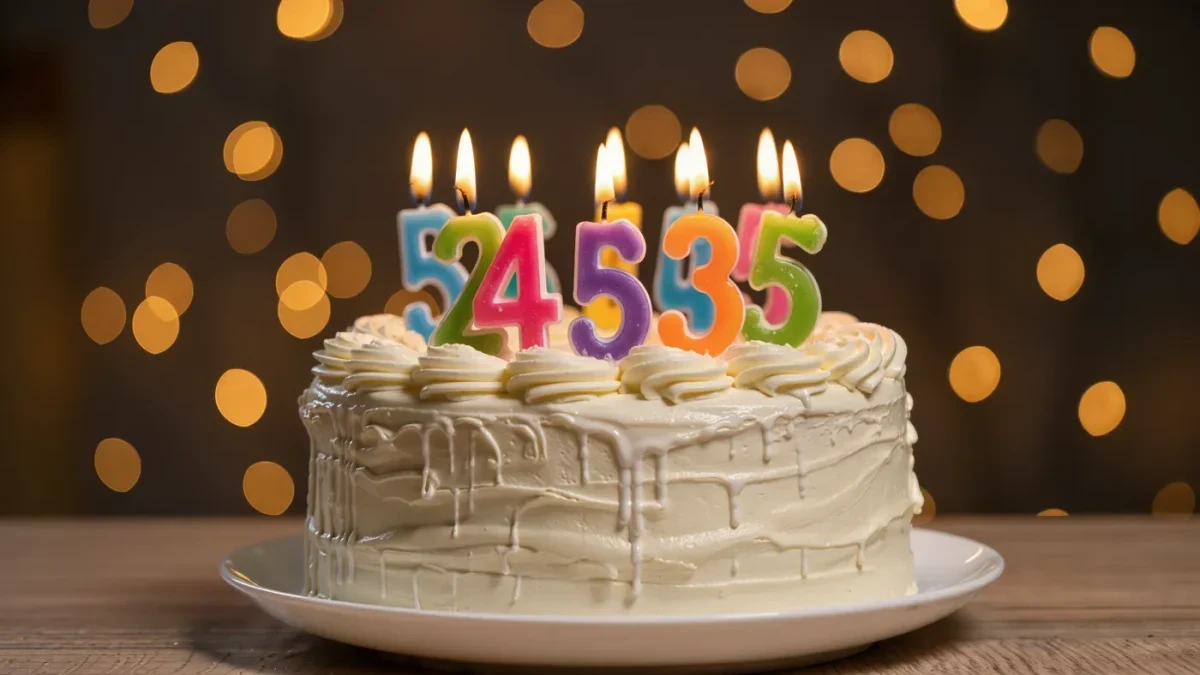 Studio close-up of birthday candles on a frosted cake