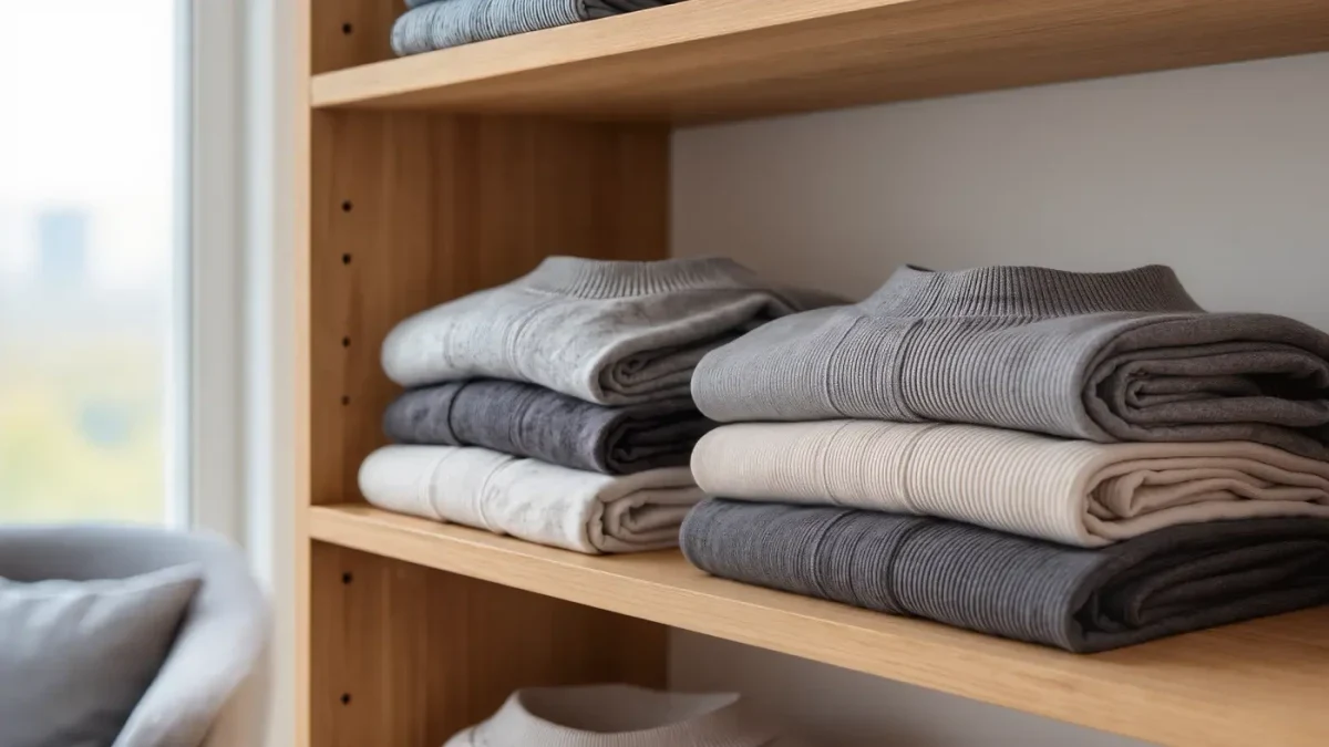 Folded cotton loungewear sets stacked in a bright home closet