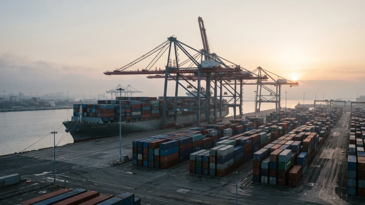 Container cranes at port with cargo ship at berth