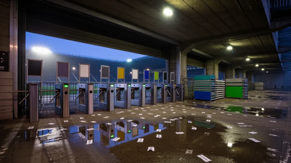 Turnstile entrance to an empty away section at dusk