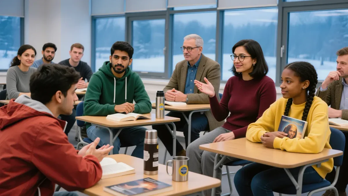 Graduate seminar students debating paperbacks beside frost-covered library windows