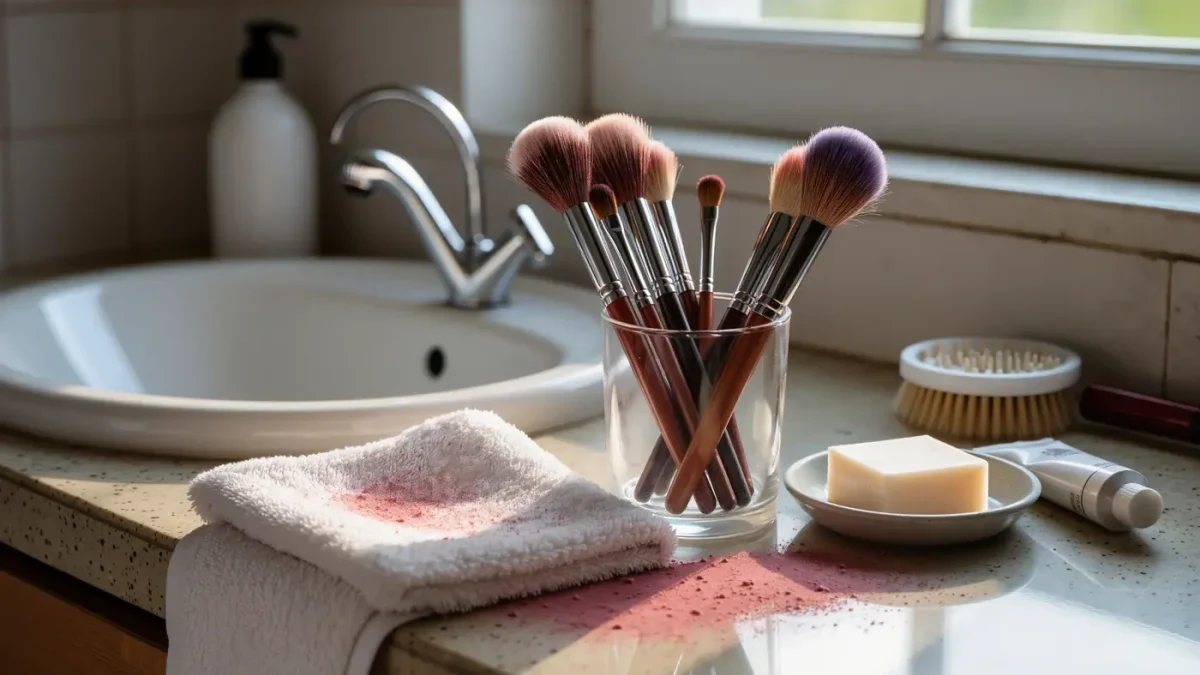 Five makeup brushes drying heads-down on a towel beside a sunlit sink