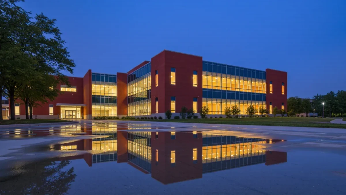 University research building exterior at dusk