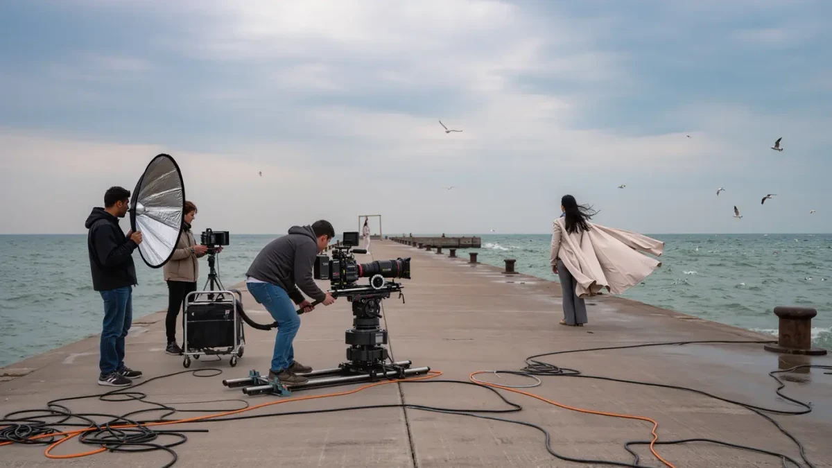 Film crew shooting a model on a windswept location set