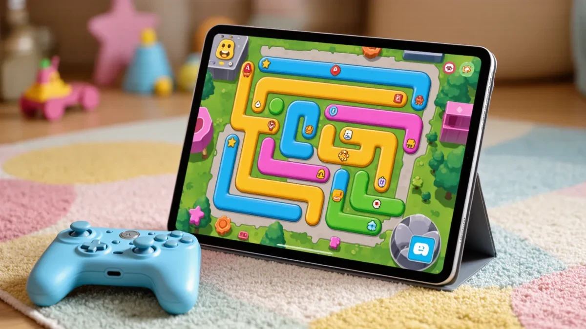 Tablet and colorful game controller on a playroom rug, soft light