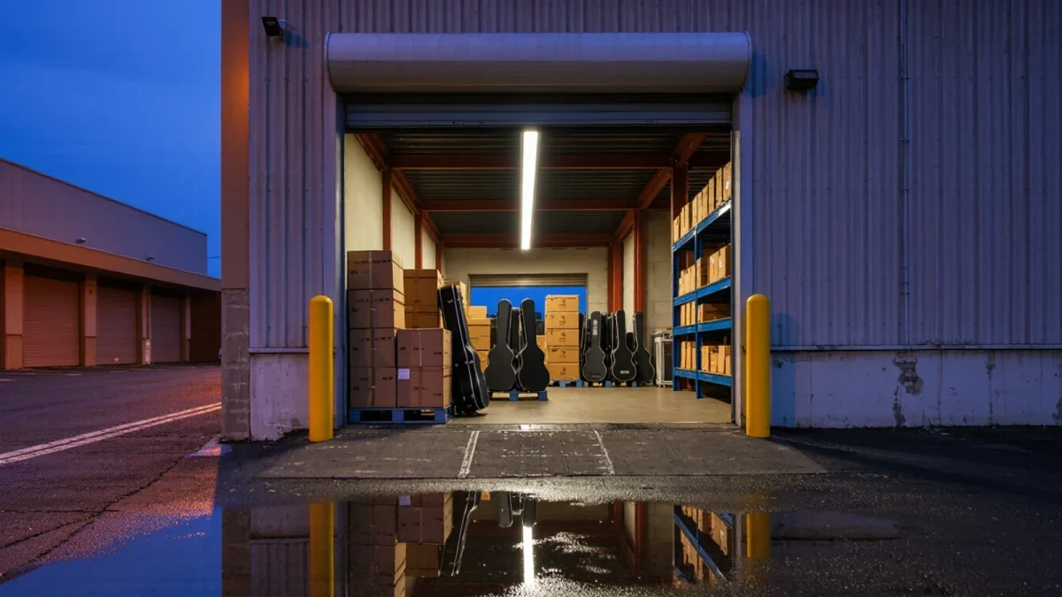Music store receiving dock stacked with guitar shipping cartons under fluorescent light