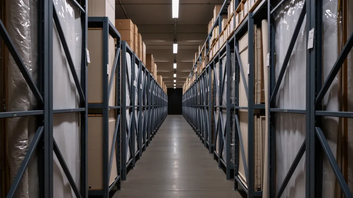 Empty museum storage corridor lined with art racks and shelving