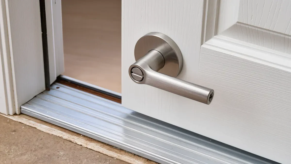 Lever door handle on a wide entry door beside a ramped threshold