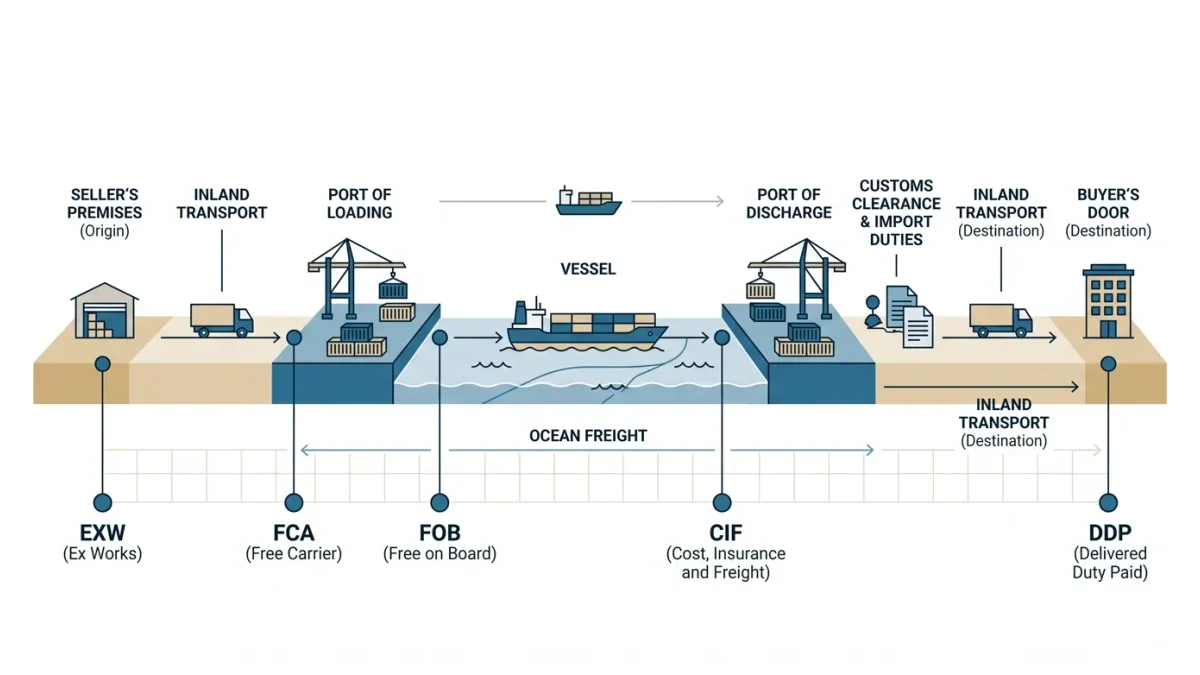 Simplified journey diagram marking where each Incoterm transfers risk