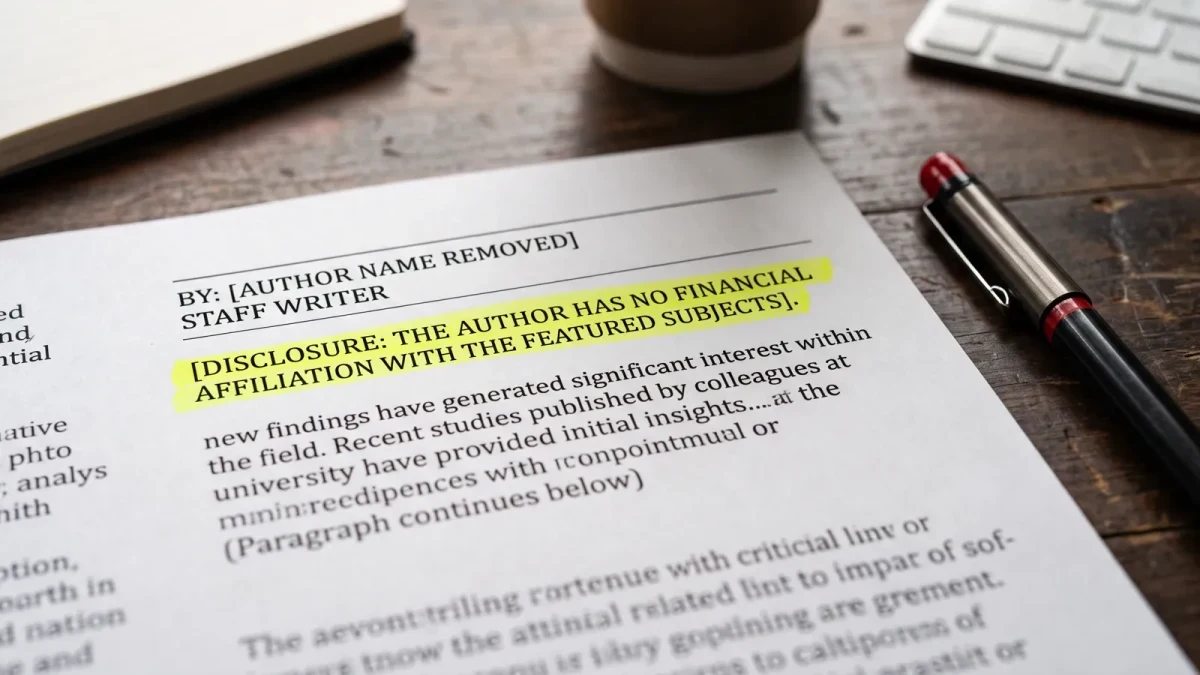 Close-up of a disclosure label line beside a byline on a page proof