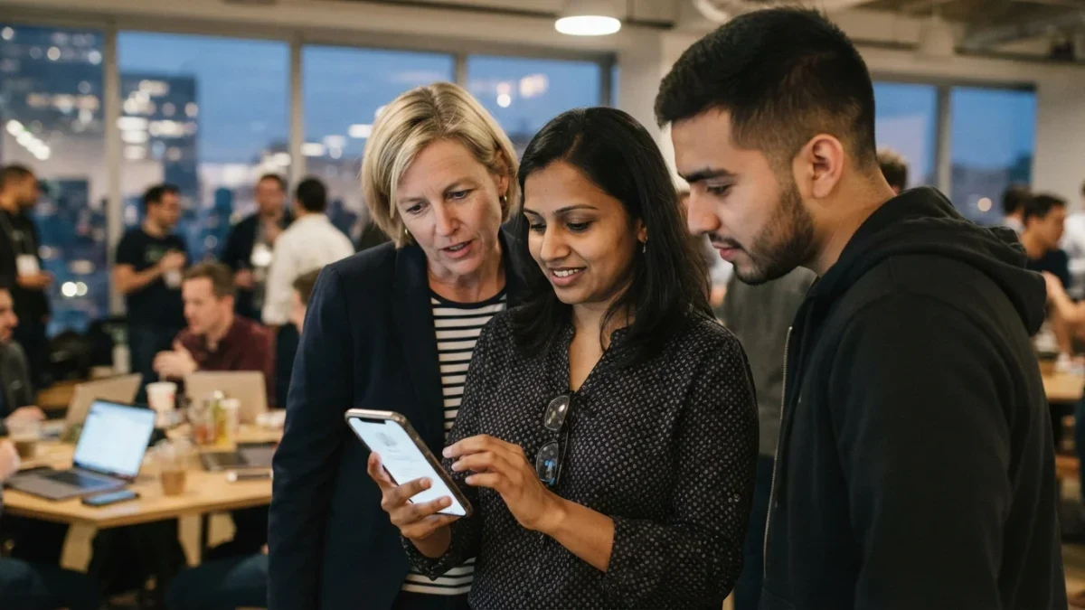 Three people sharing a phone profile with a short name at a meetup