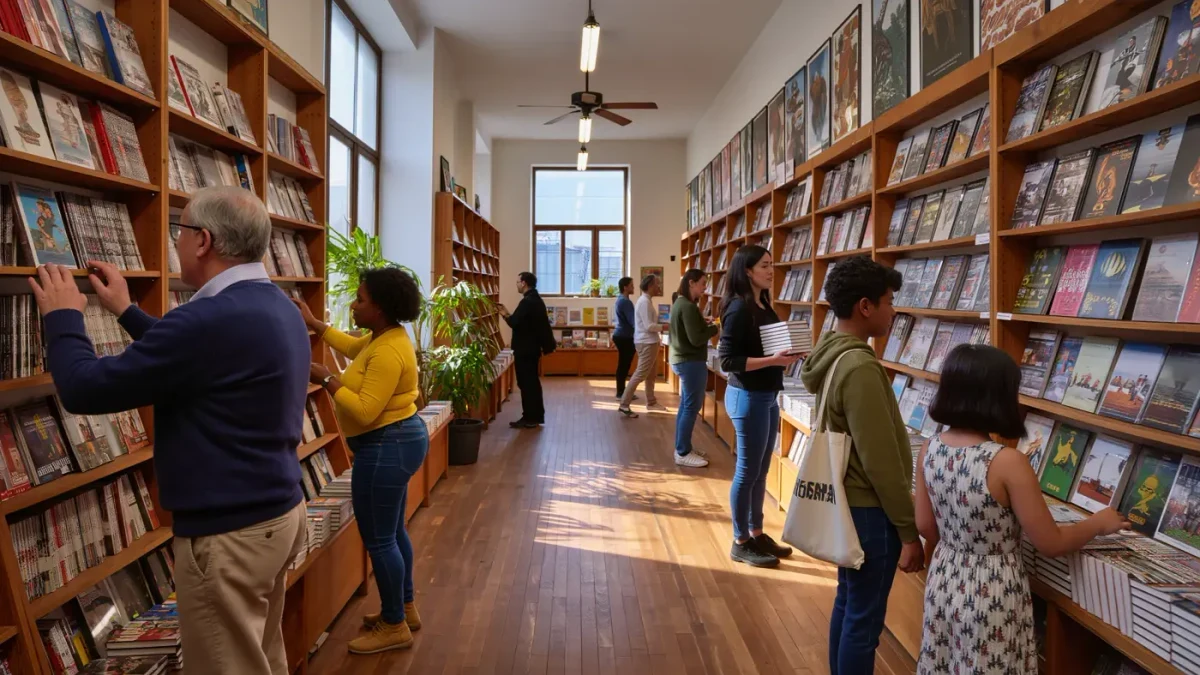 Readers browsing shelves of graphic novel trilogies in a bright comic shop