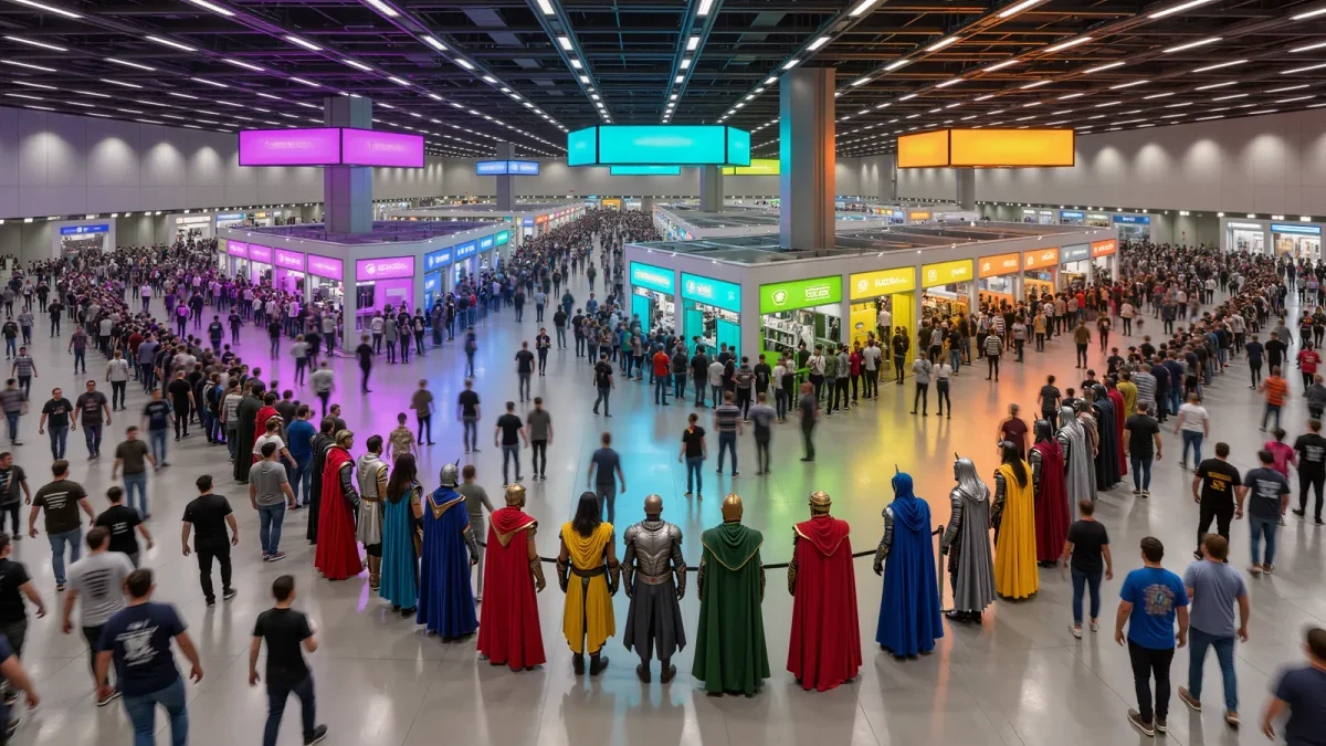 Fans in cosplay queueing inside a convention hall