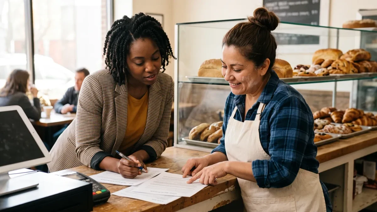 Loan officer and bakery owner reviewing documents across a counter