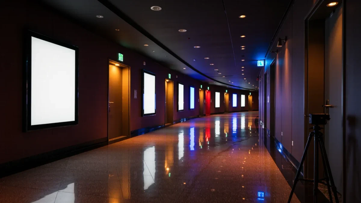 Empty multiplex corridor with illuminated international movie posters at night