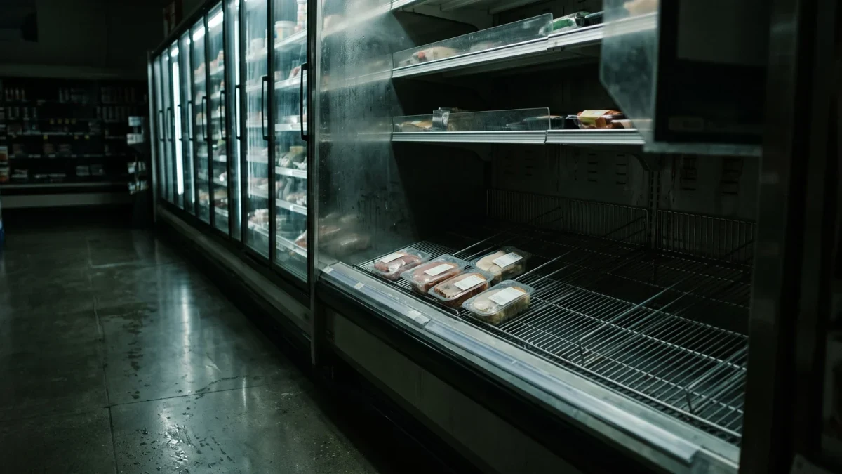 Partially emptied refrigerated supermarket shelf, no people