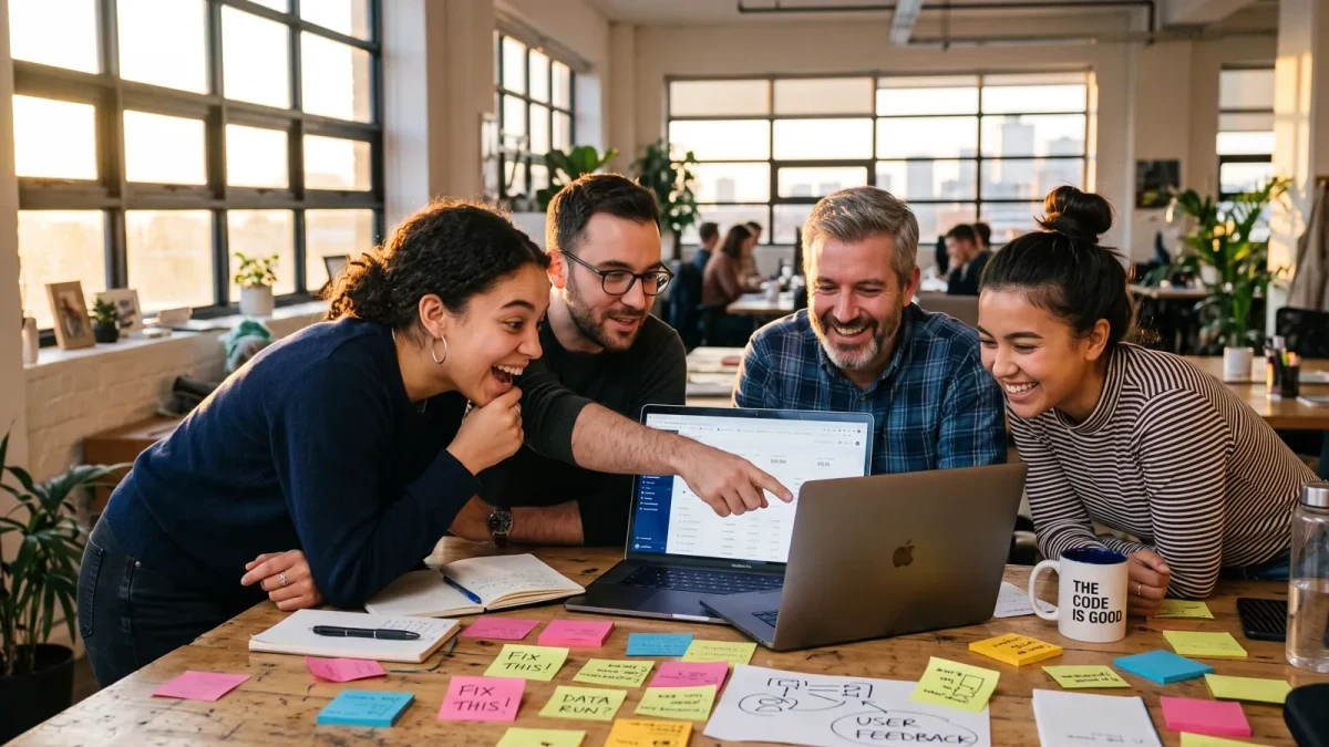 Product team reacting with surprise around one laptop
