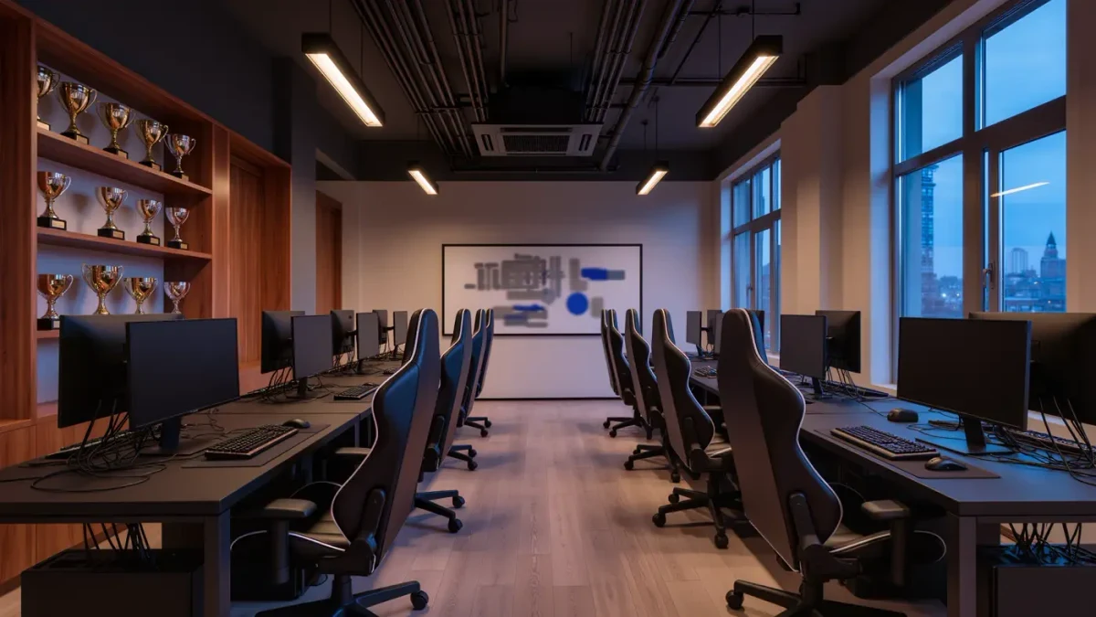 Empty team practice facility with six training stations and whiteboard at dusk