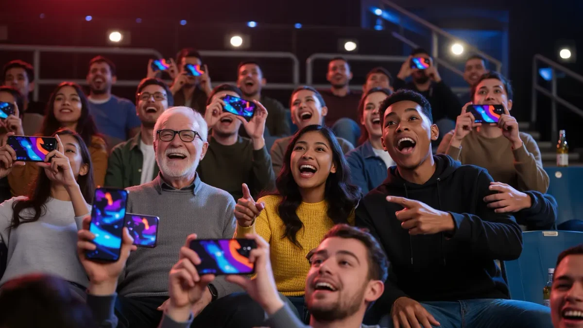 Fans of different ages watching a mobile tournament match on their phones