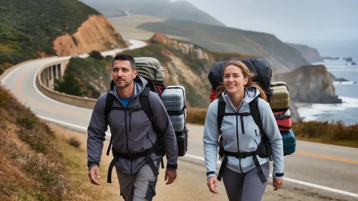 Two hikers with large backpacks walking a coastal road