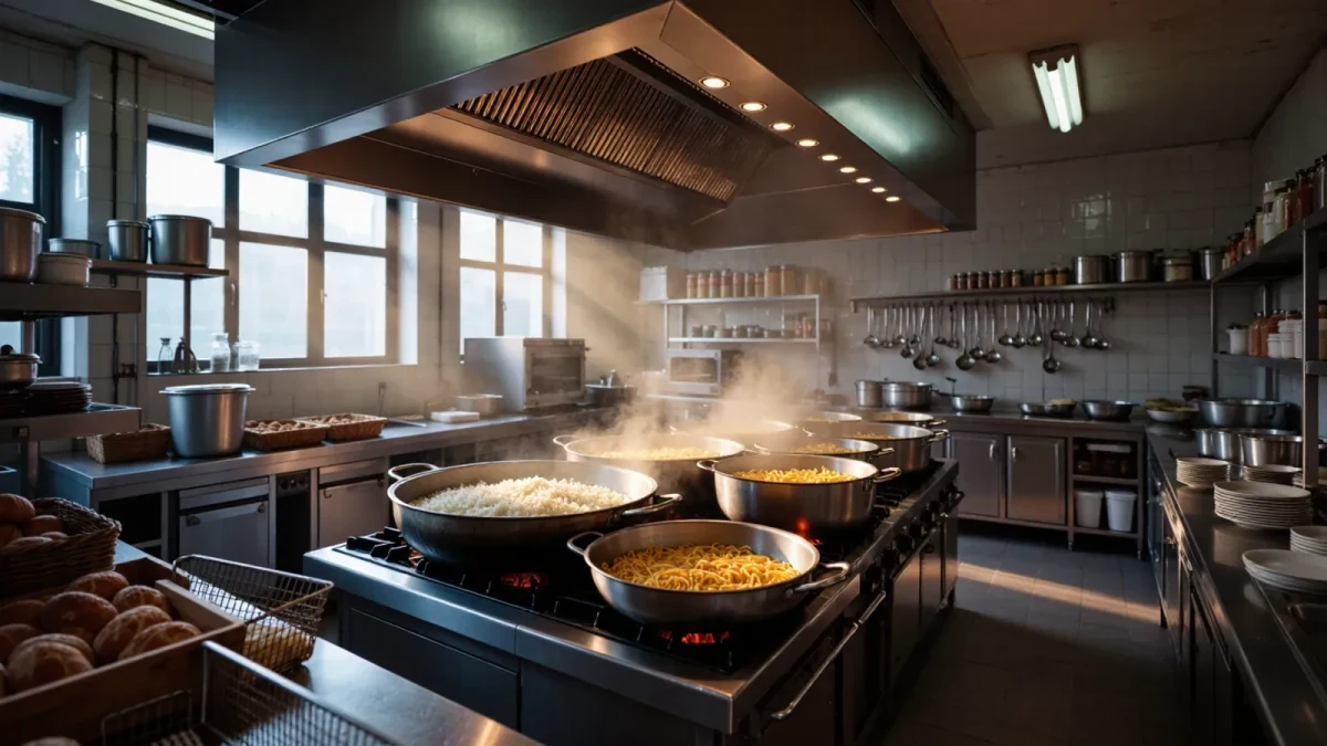 Large pots of rice and pasta steaming in a restaurant kitchen before race day