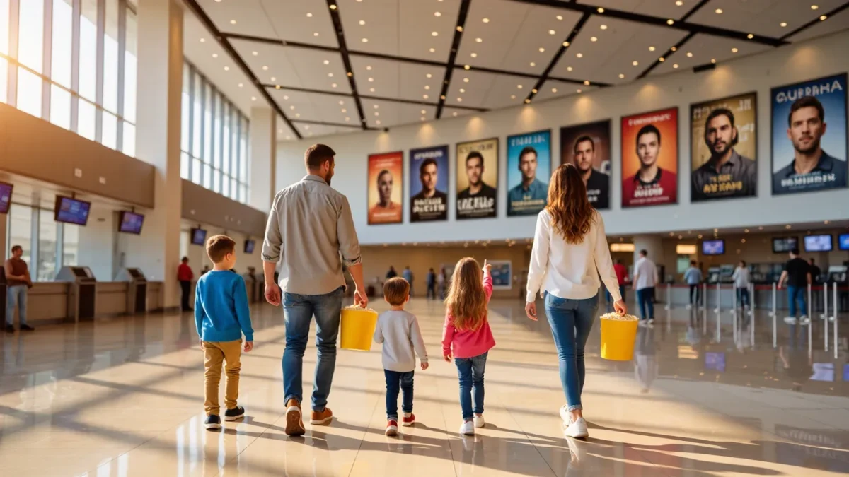 Family with popcorn walking toward glowing theater posters