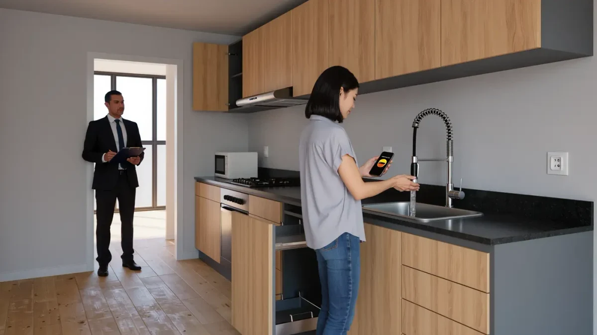 Renter testing kitchen faucet during apartment tour