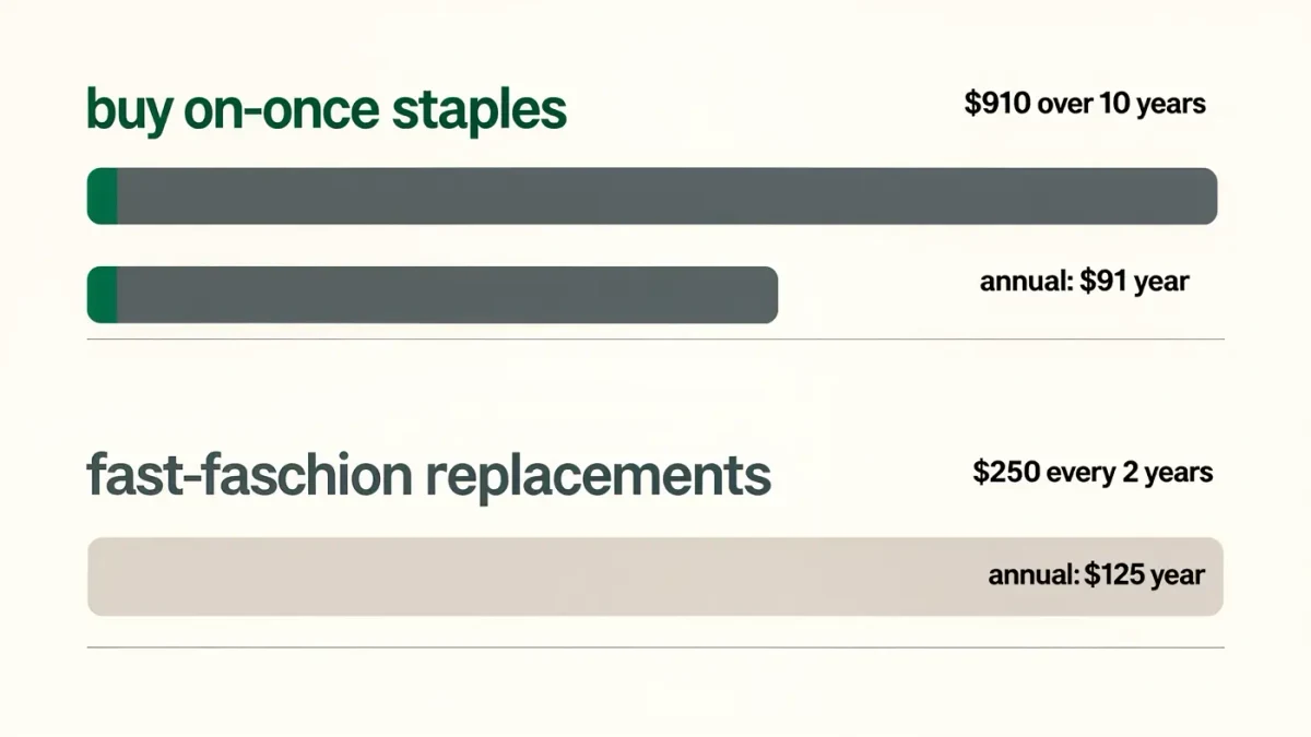 Chart of cost per year comparing buy-once staples against fast-fashion replacements