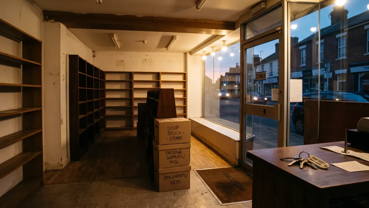 Owner packing final boxes in an emptied shop at dusk