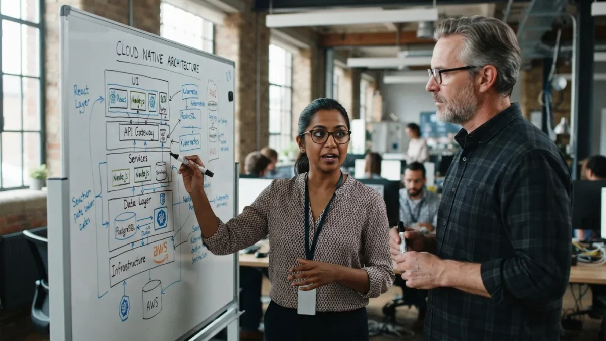 Two engineers sketching a layered architecture at a whiteboard