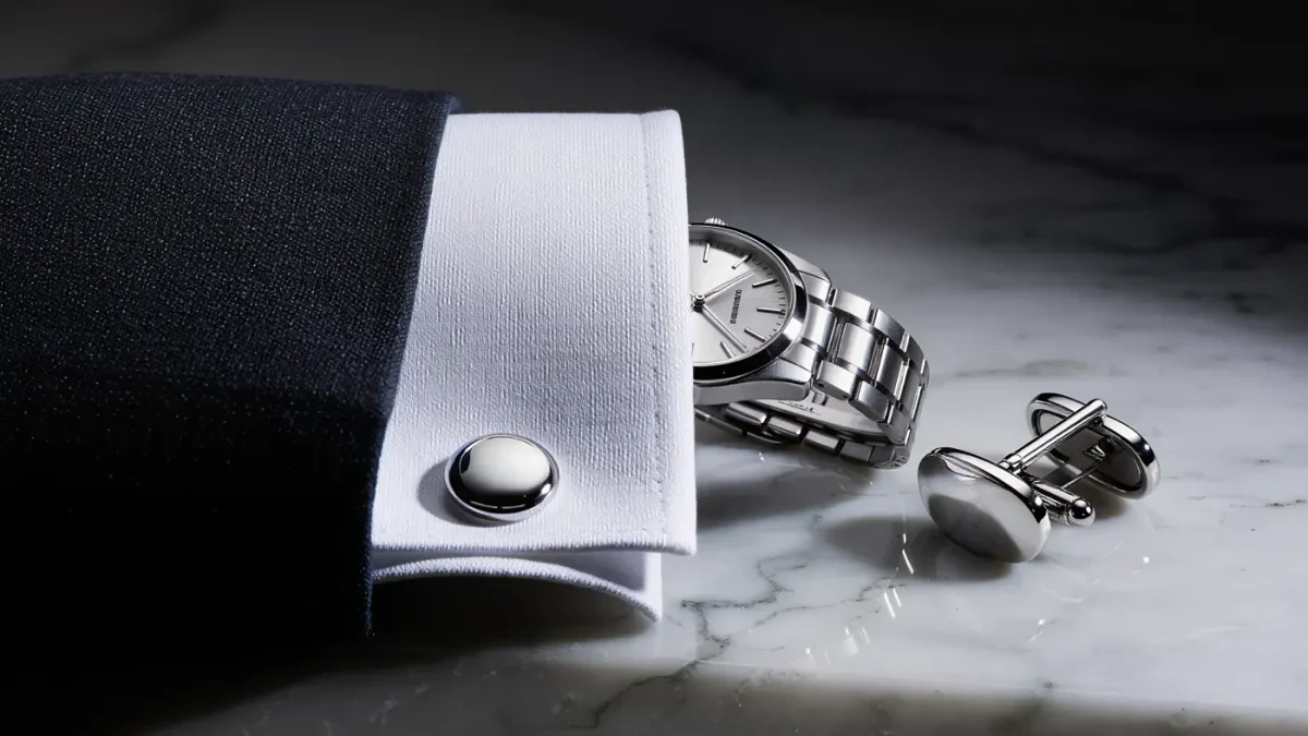 Close-up of a wristwatch and cufflink on a dark suit sleeve