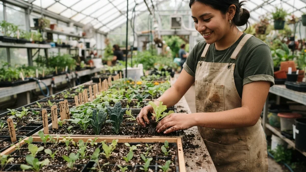 A gardener arranges many different seedlings in a greenhouse tray