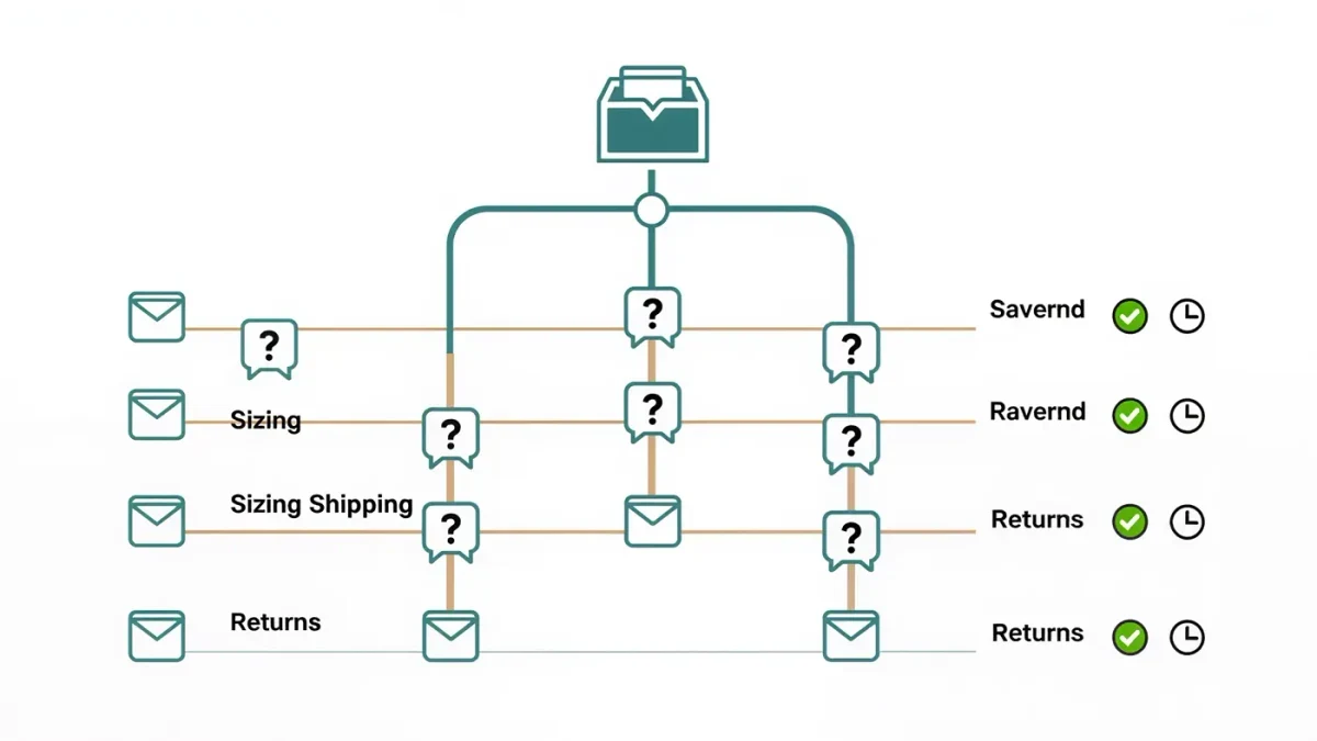 Infographic of a message inbox sorted into question categories with timers