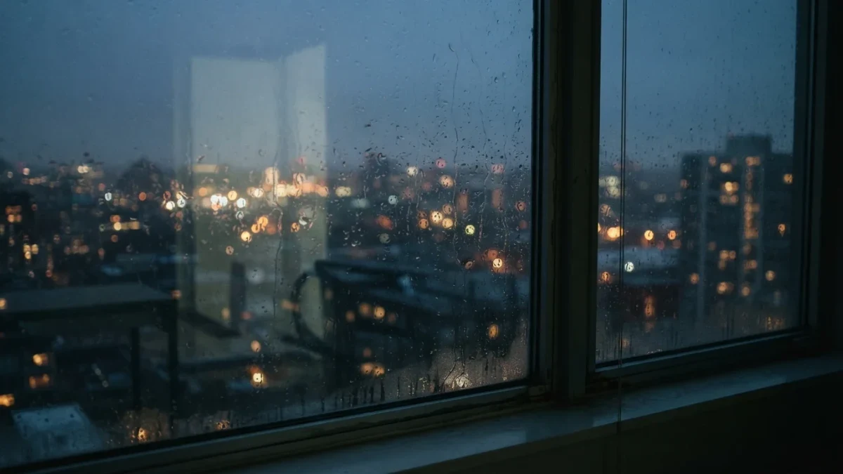 Rain-streaked window at dusk with blurred city lights